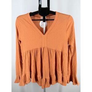 Hailey & Co Waffle Knit Babydoll Top Orange V-Neck Ruffle Hem Small
